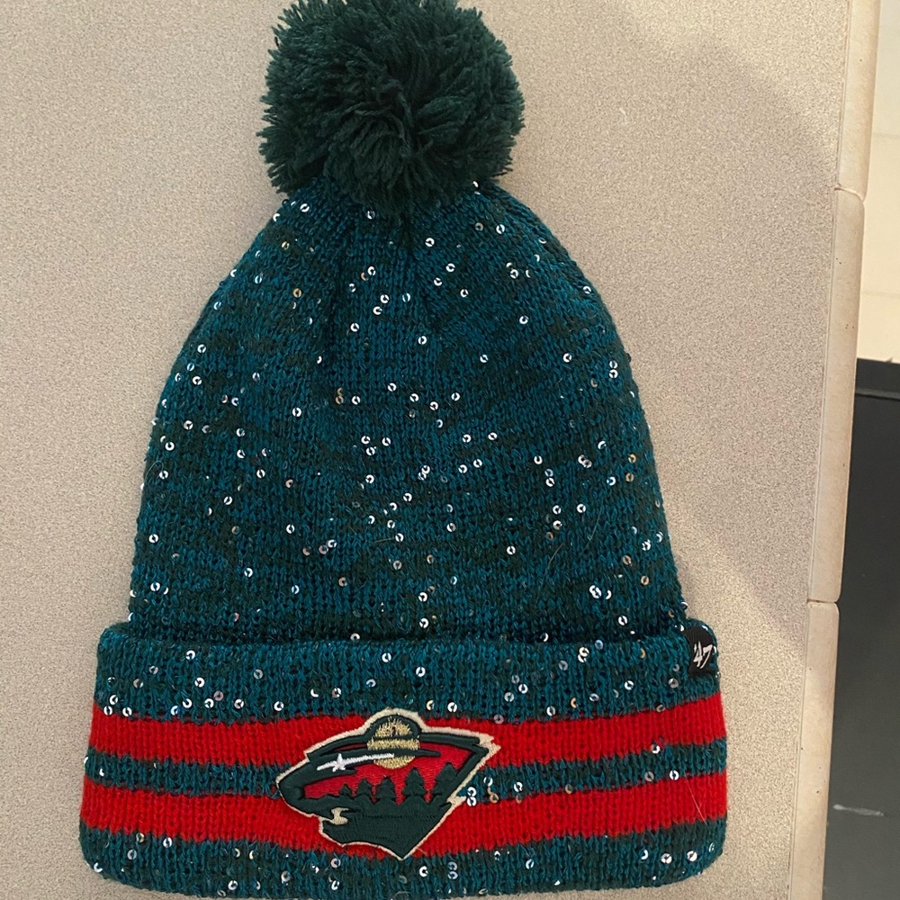 MN Wild Green and Red Pom-Pom Beanie!